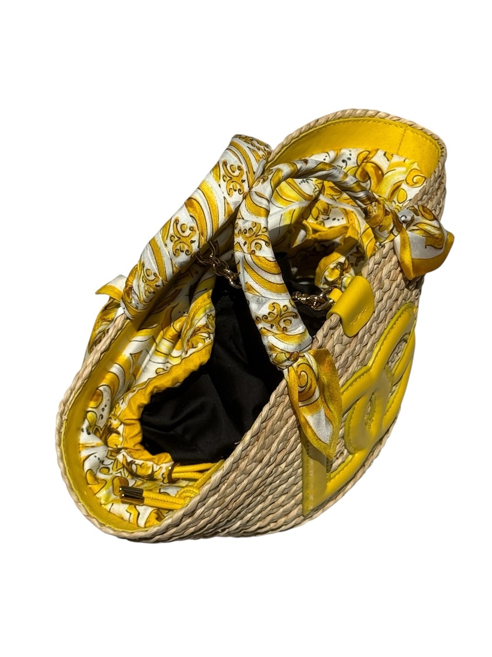 Dolce & Gabbana Kendra Straw Tote Bag w/ Yellow Logo & Silk Scarf Wrapped Handle - Picture 6 of 11
